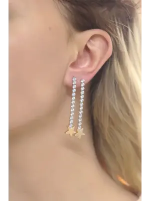 Su Yolu Tasarımlı Gold Minimal Yıldız Detaylı Çift Küpe