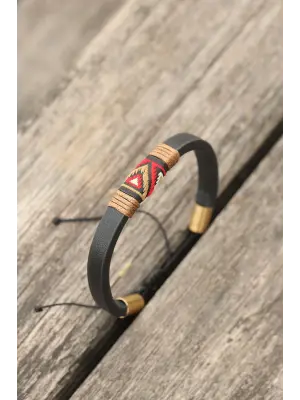 Sütlü Kahverengi İpli Etnik Desenli Kadın Deri Bileklik