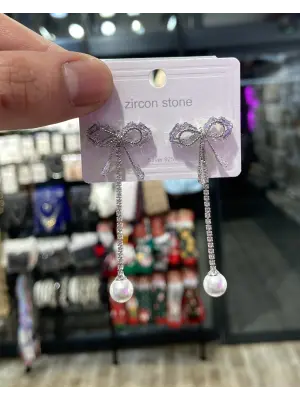 Taşlı Fiyonk Kurdele Küpe Sallantılı İncili