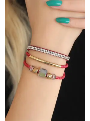 Taşlı Kırmızı Deri Bayan Bileklik