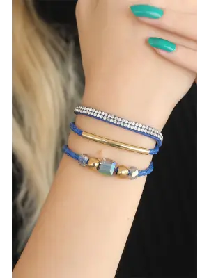 Taşlı Mavi Renk Deri Bayan Bileklik