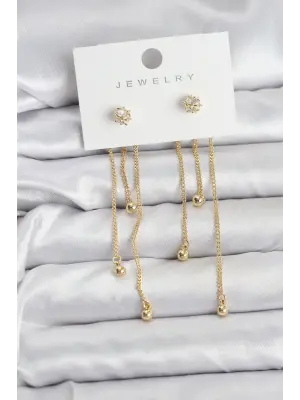 Topçuk Model Gold Renk Pirinç Sallantılı Kadın Küpe Seti