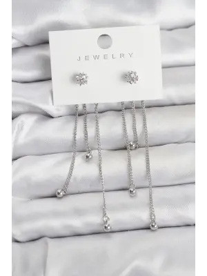 Topçuk Model Gümüş Renk Pirinç Sallantılı Kadın Küpe Seti