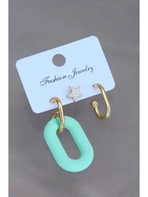 Trend Su Yeşili Renk Deniz Yıldızı Figürlü Küpe Seti