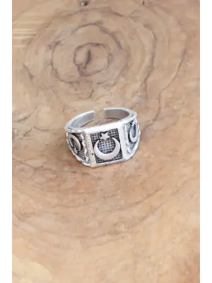 Türk Bayrağı Desenli Gümüş Renk Ayarlanabilir Erkek Yüzük