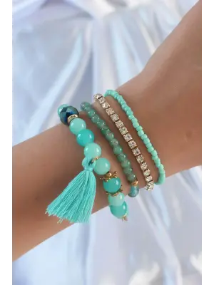 Turkuaz Renk Zirkon Taşlı Püskül Detay Boncuklu Çoklu Bileklik