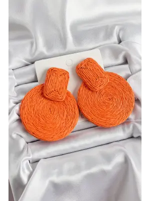 Turuncu Daire Figürlü Hasır Örgü Model Gold Renk Kadın Küpe