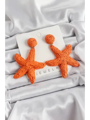 Turuncu Deniz Yıldızı Figürlü Hasır Örgü Model Gold Renk Kadın Küpe