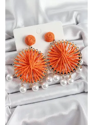 Turuncu Hasır Örgü Sarmal Model Sallantılı İnci Detaylı Gold Renk Kadın Küpe