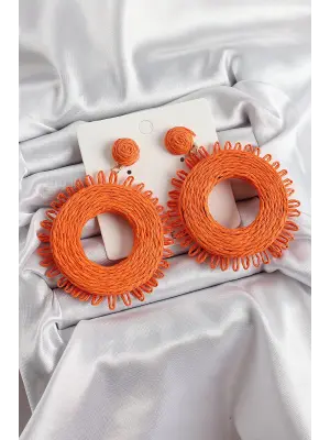 Turuncu Püsküllü Halka Figürlü Hasır Örgü Model Gold Renk Kadın Küpe