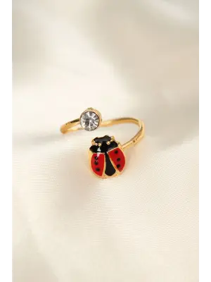 Uğur Böceği Tasarımlı Zirkon Taşlı Ayarlanabilir Yüzük