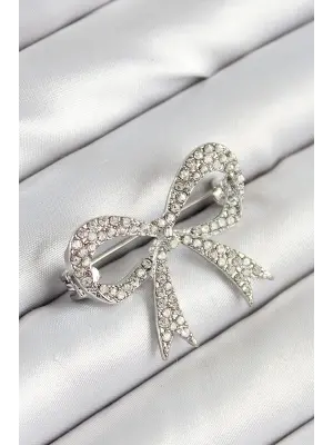 Üzeri Zirkon Taşlı Fiyonk Figürlü Gümüş Renk Kadın Broş