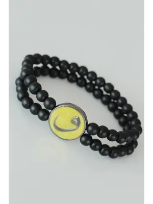 Vav Figürlü Sarı Renk Tasarımlı Metal Aksesuarlı Çift Sıra Oniks Doğal Taş Erkek Bileklik