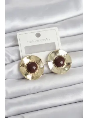 Vintage Model Kahverengi Gold Renk Pirinç Kadın Küpe