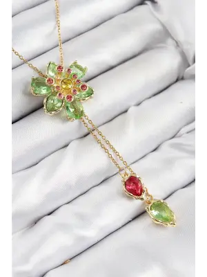 VIP Pirinç Zirkon Taşlı Çiçek Model Gold Renk Asansörlü Kadın Kolye