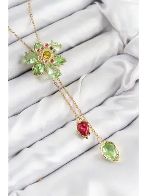 VIP Pirinç Zirkon Taşlı Çiçek Model Gold Renk Asansörlü Kadın Kolye