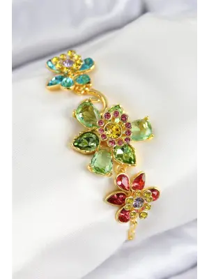 VIP Pirinç Zirkon Taşlı Çiçek Model Gold Renk Kadın Bileklik