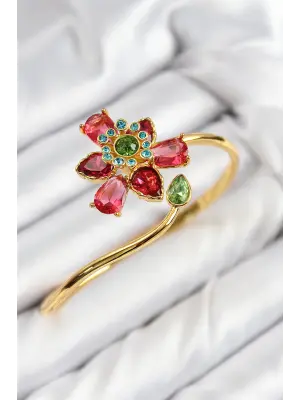 VIP Pirinç Zirkon Taşlı Çiçek Model Gold Renk Kadın Bileklik