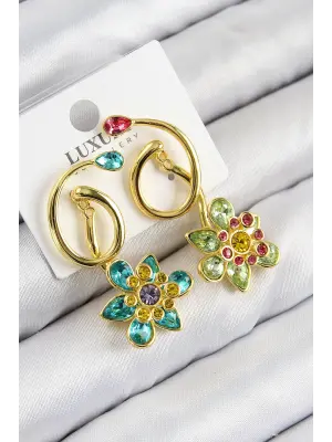 VIP Pirinç Zirkon Taşlı Çiçek Model Gold Renk Kadın Küpe