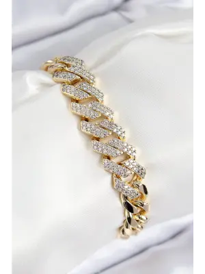 VIP Pirinç Zirkon Taşlı Cuba Model Gold Renk Kadın Bileklik
