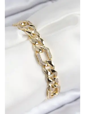VIP Pirinç Zirkon Taşlı Parçalı Zincir Model Gold Renk Kadın Bileklik