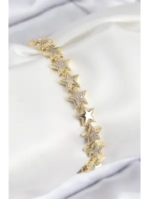 VIP Pirinç Zirkon Taşlı Yıldız Model Gold Renk Kadın Bileklik