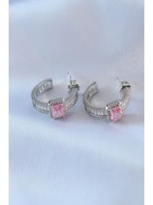 VIP Seri Gümüş Yarım Halka Model Zirkon Taşlı  Çelik Küpe