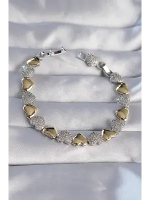 Vip Seri Pirinç Çift Renkli Zirkon Taşlı Kalp Tasarımlı Bileklik