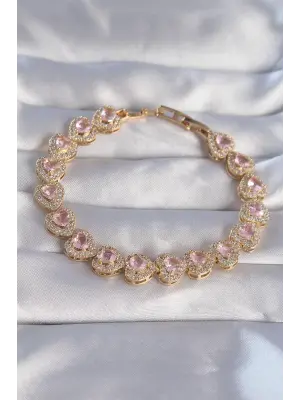 Vip Seri Pirinç Gold Renk Pembe Zirkon Taşlı Kalp Tasarımlı Bileklik