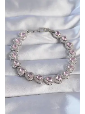 Vip Seri Pirinç Gümüş Renk Pembe Zirkon Taşlı Kalp Tasarımlı Bileklik