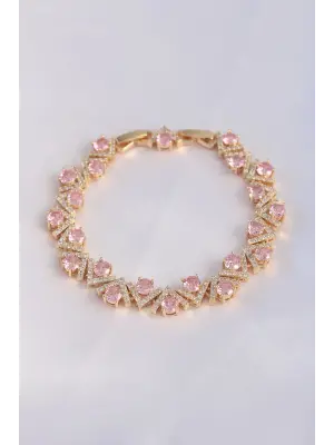 Vip Seri Pirinç Pembe Zirkon Taşlı Gold Renk V Model Bileklik