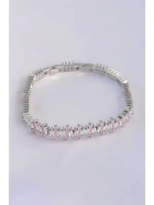 Vip Seri Pirinç Pembe Zirkon Taşlı Gümüş Renk Baget Model Bileklik