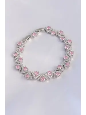 Vip Seri Pirinç Pembe Zirkon Taşlı Gümüş Renk V Model Bileklik