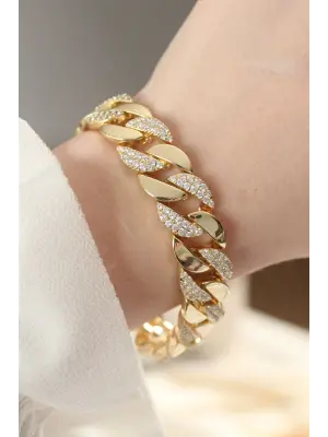 Vip Seri Çelik Zirkon Taşlı Gold Renk Gurmet Bileklik