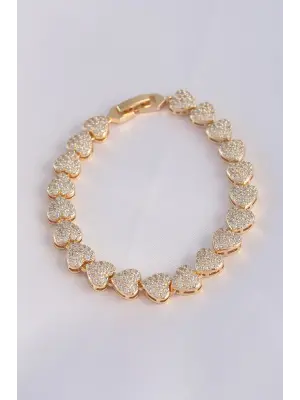 Vip Seri Pirinç Zirkon Taşlı Gold Renk Kalp Model Bileklik