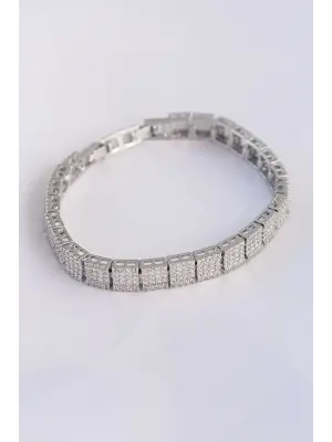 Vip Seri Pirinç Zirkon Taşlı Gümüş Renk Kare Su Yolu Model Bileklik