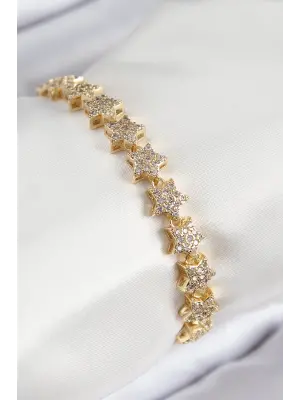 VIP Seri Pirinç Zirkon Taşlı Sıralı Yıldız Model Gold Renk Kadın Bileklik