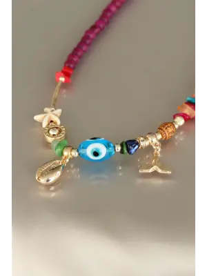 Vişne Rengi Deniz Kabuğu Tasarımlı Tahta Boncuklu Kolye