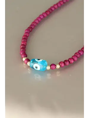Vişne Rengi Tahta Boncuklu Kadın Kolye