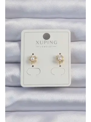Xuping Altın Zirkon Taşlı İncili Çiçek Küpe