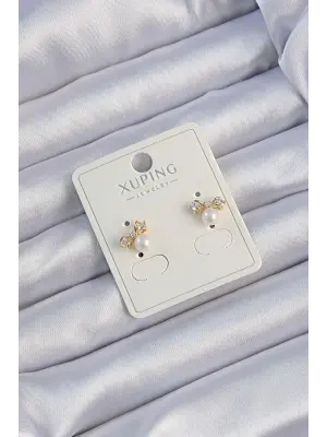 Xuping Altın Zirkon Taşlı İncili Fiyonk Küpe