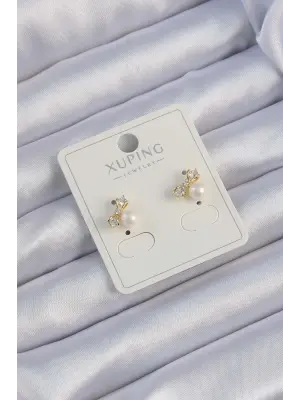 Xuping Altın Zirkon Taşlı İncili Fiyonk Küpe
