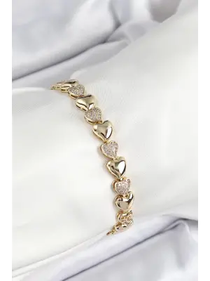 Xuping Pirinç Sıralı Kalp Model Gold Renk Kadın Bileklik