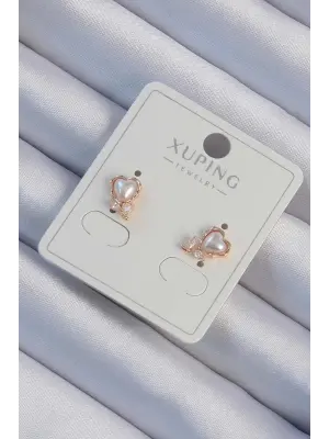 Xuping Rose Renk Zirkon Taşlı İncili Çiçek Görünümlü Kalp Küpe