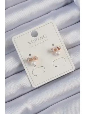 Xuping Rose Renk Zirkon Taşlı İncili Fiyonk Küpe