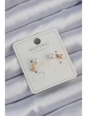 Xuping Rose Renk Zirkon Taşlı İncili Minimal Fiyonk Küpe