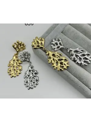 Yaprak Desenli 2 Parça Sallantılı Ağaç Model Çelik Küpe