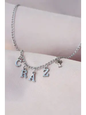 Yeni Sezon Crazy Yazılı Gümüş Renk Sallantılı Kadın Kolye