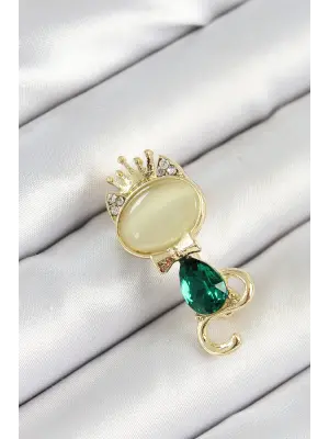Yeşil Damla Zirkon Taşlı Kraliçe Taçlı Kedi Figürlü Gold Renk Kadın Broş
