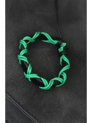 Yeşil İpli Siyah Renk Deri Erkek Bileklik